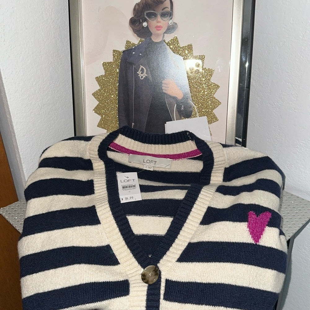 NWT LOFT Navy and Cream Striped Cardigan